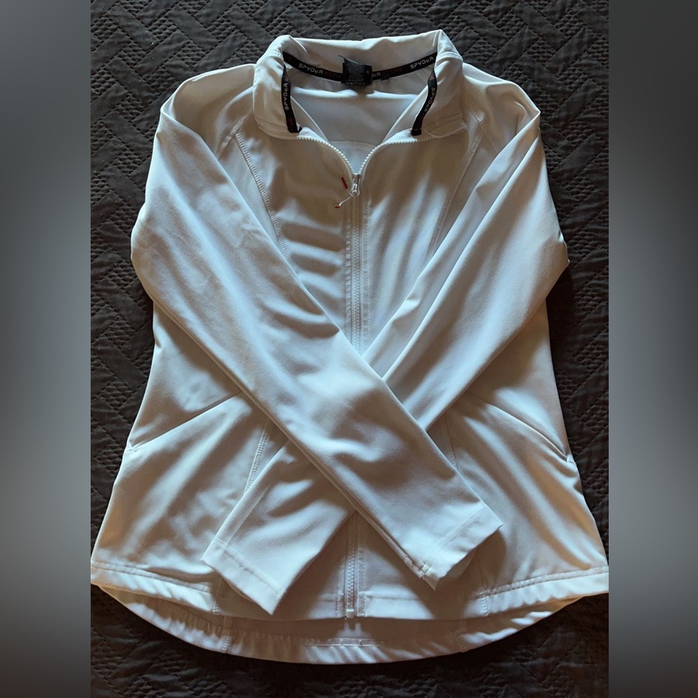 White and Teal Spyder Long sleeve
